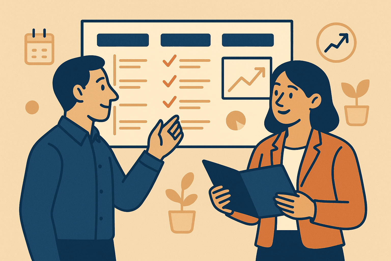 Two nonprofit professionals review a strategy board with checklists and growth charts in a warm, minimalist office setting.