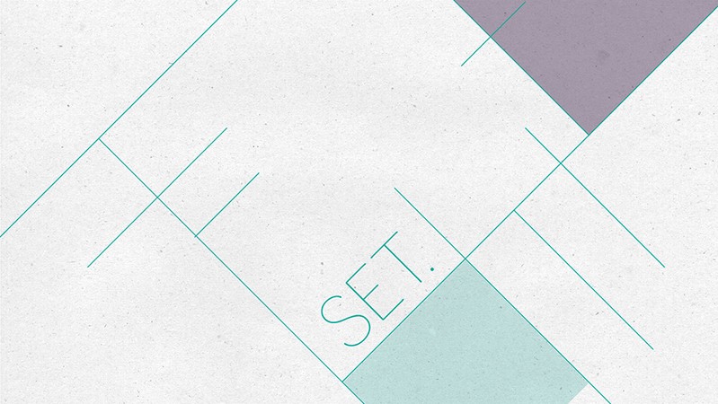 A white picture with cyan lines, cyan and gray cubes and the text SET.