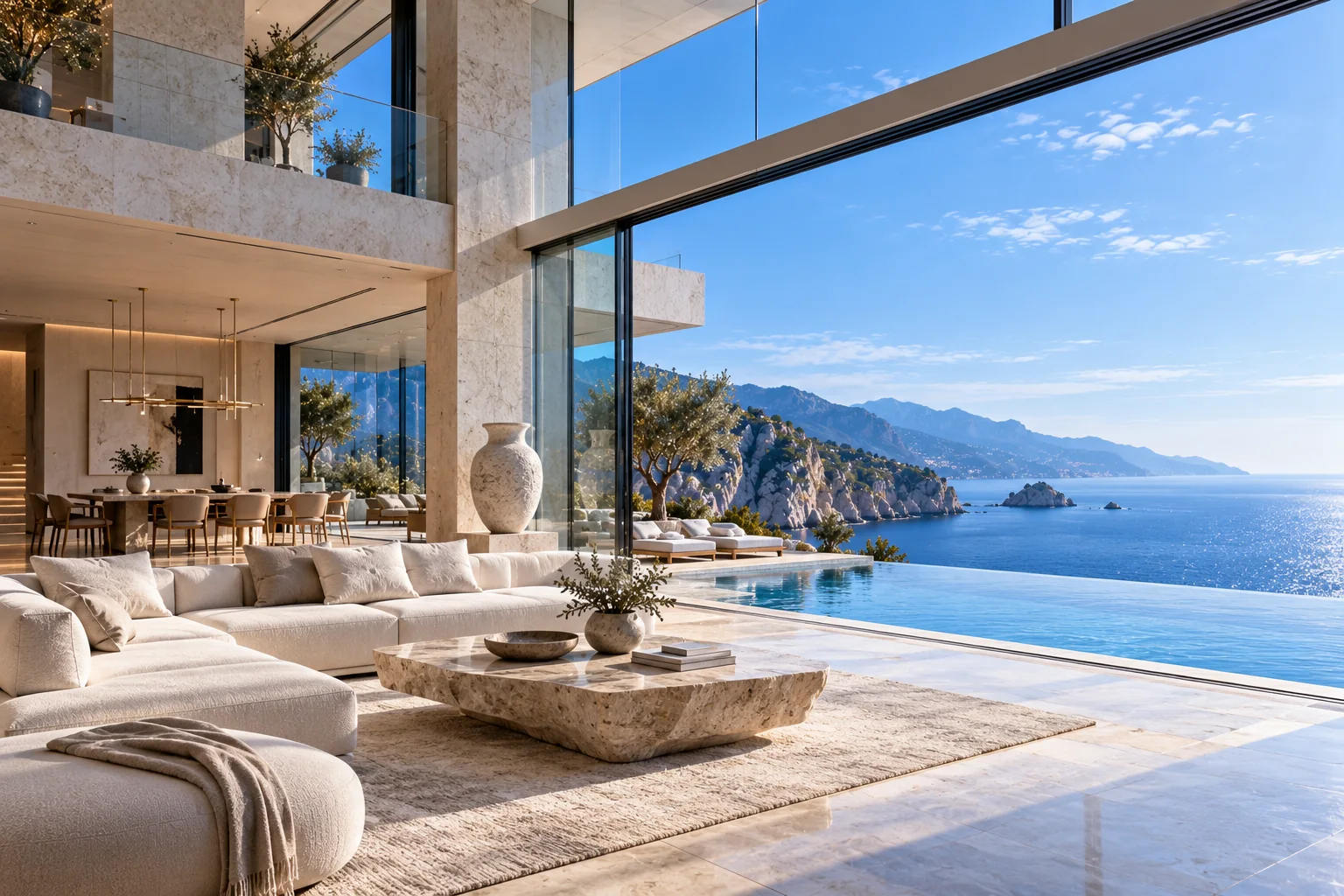 Villa Céleste living room with travertine floor and a sea view