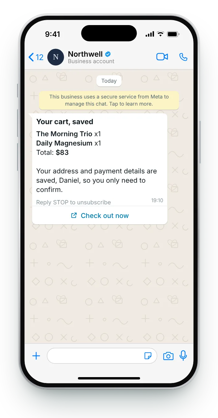 Cart recap with the total: WhatsApp cart reminder on an iPhone