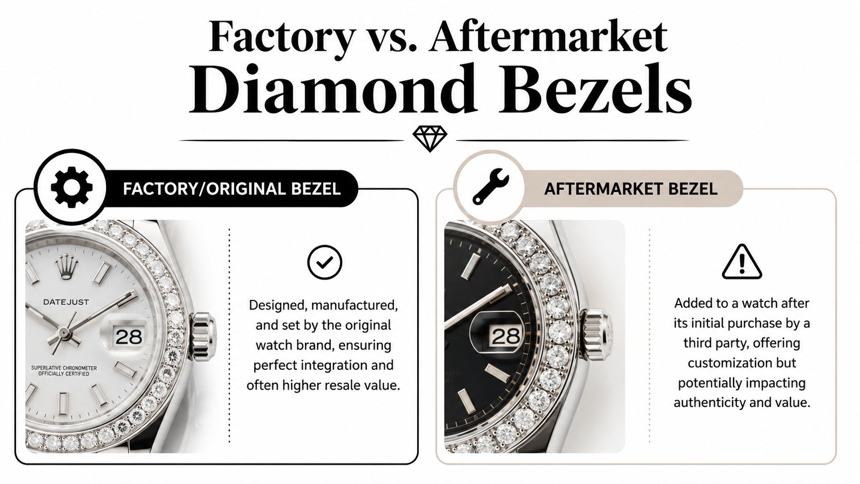 An infographic comparing factory-installed versus aftermarket diamond watch bezels on two different Rolex Datejust timepieces.