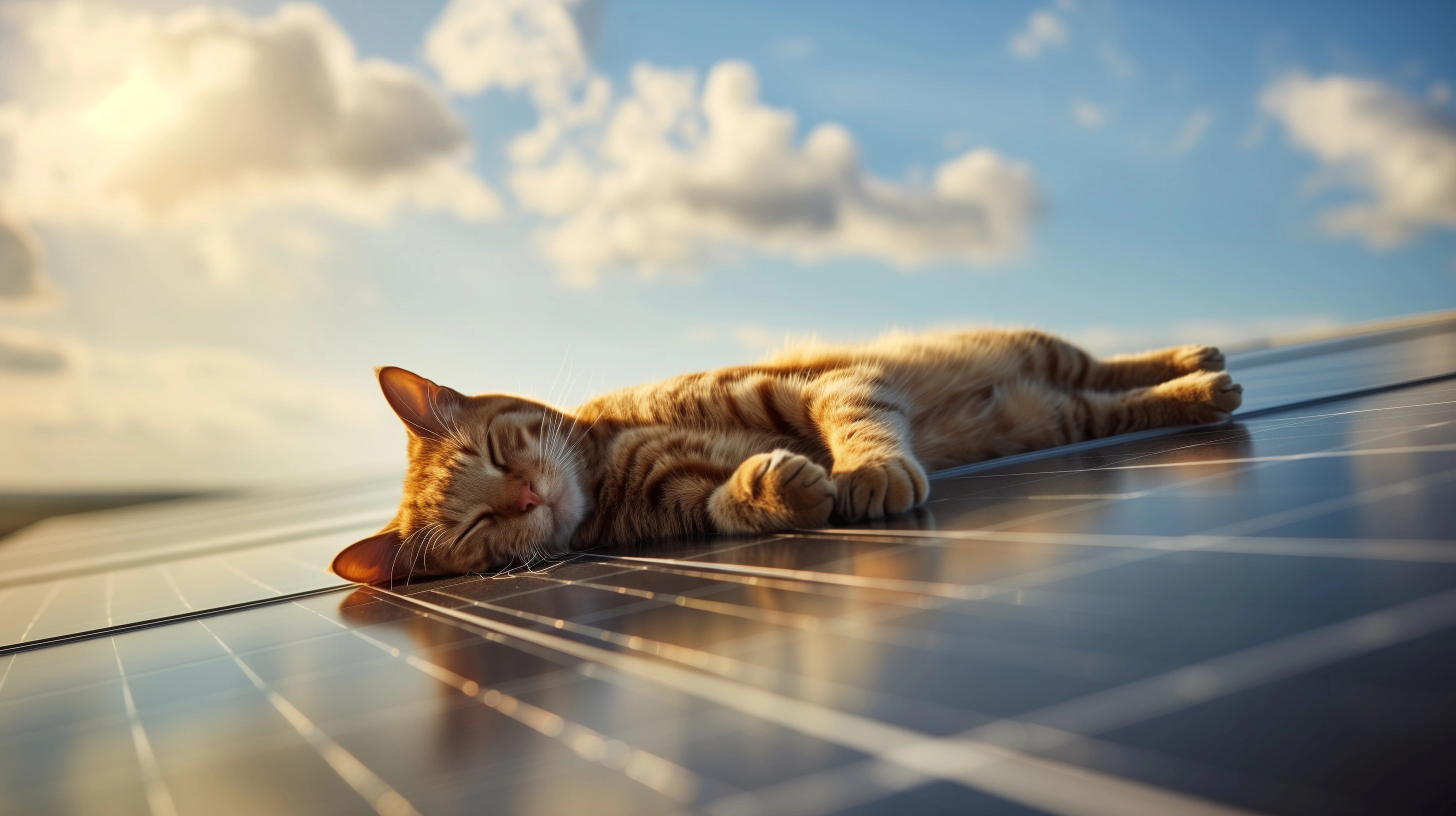 Entspannte Katze liegt auf einer Solaranlage unter blauem Himmel – Symbol für nachhaltige und umweltfreundliche Energie von Solartechnik Nordwest.