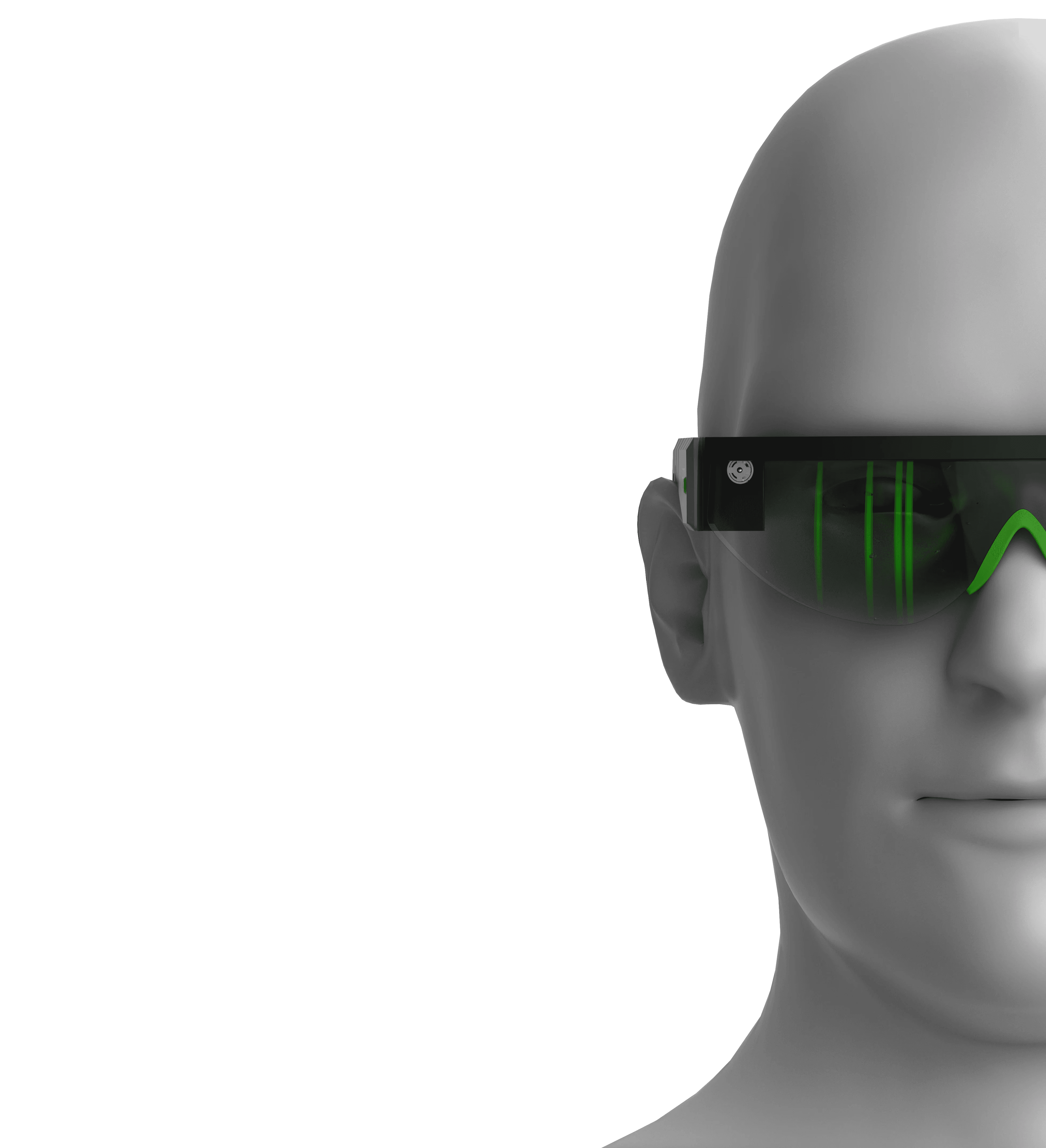 White maniquin wearing the activated black version of the vision 01 ar glasses in front of a white background.
