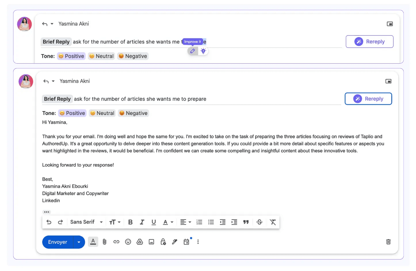 Test of email response using Writesonic Chrome extension