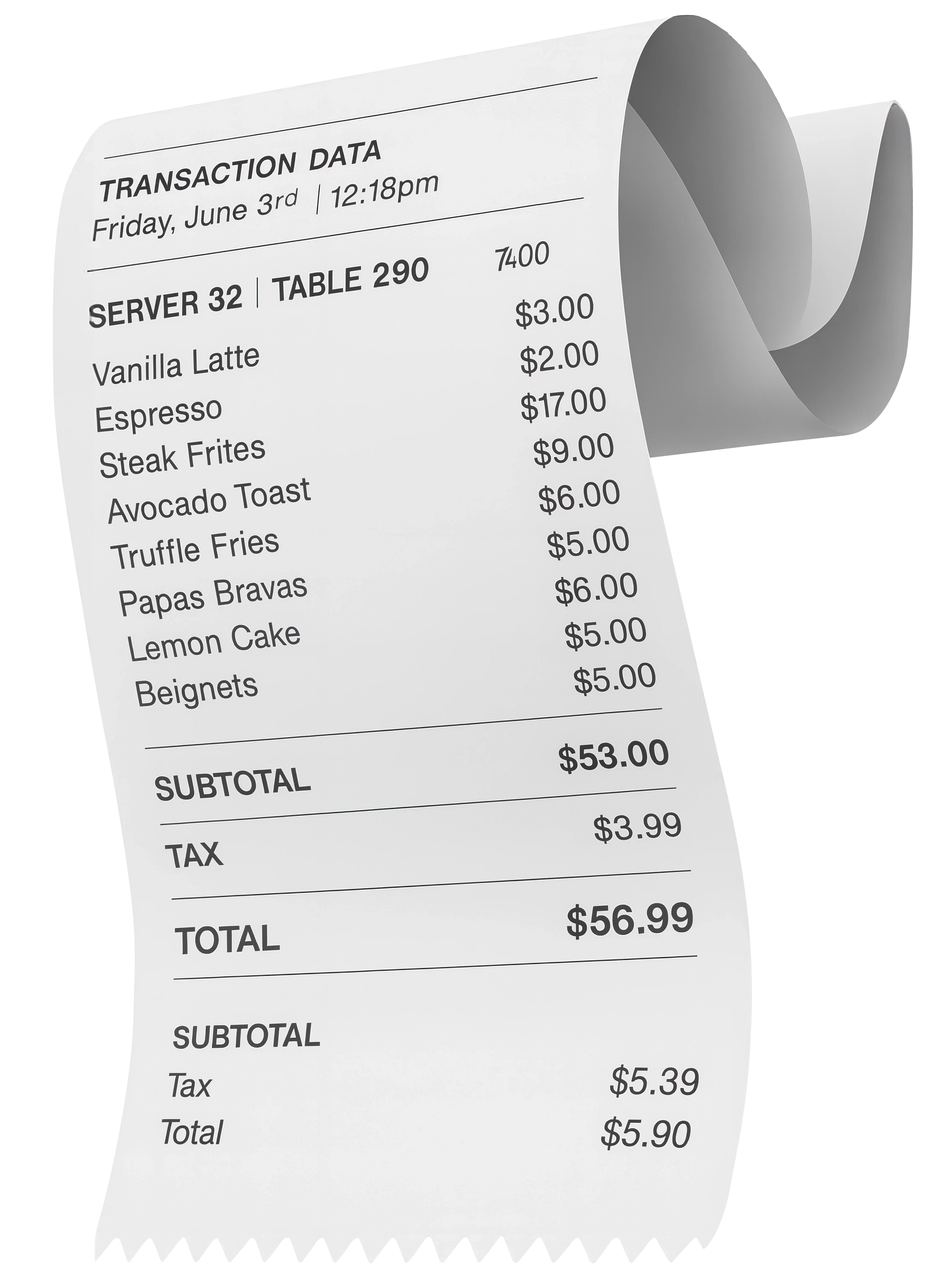 Restaurant receipt showing itemized food and drink orders totaling $98.00 subtotal, $8.91 tax, for a final total of $106.91. Items include drinks, wine, beer, tacos, and fries.