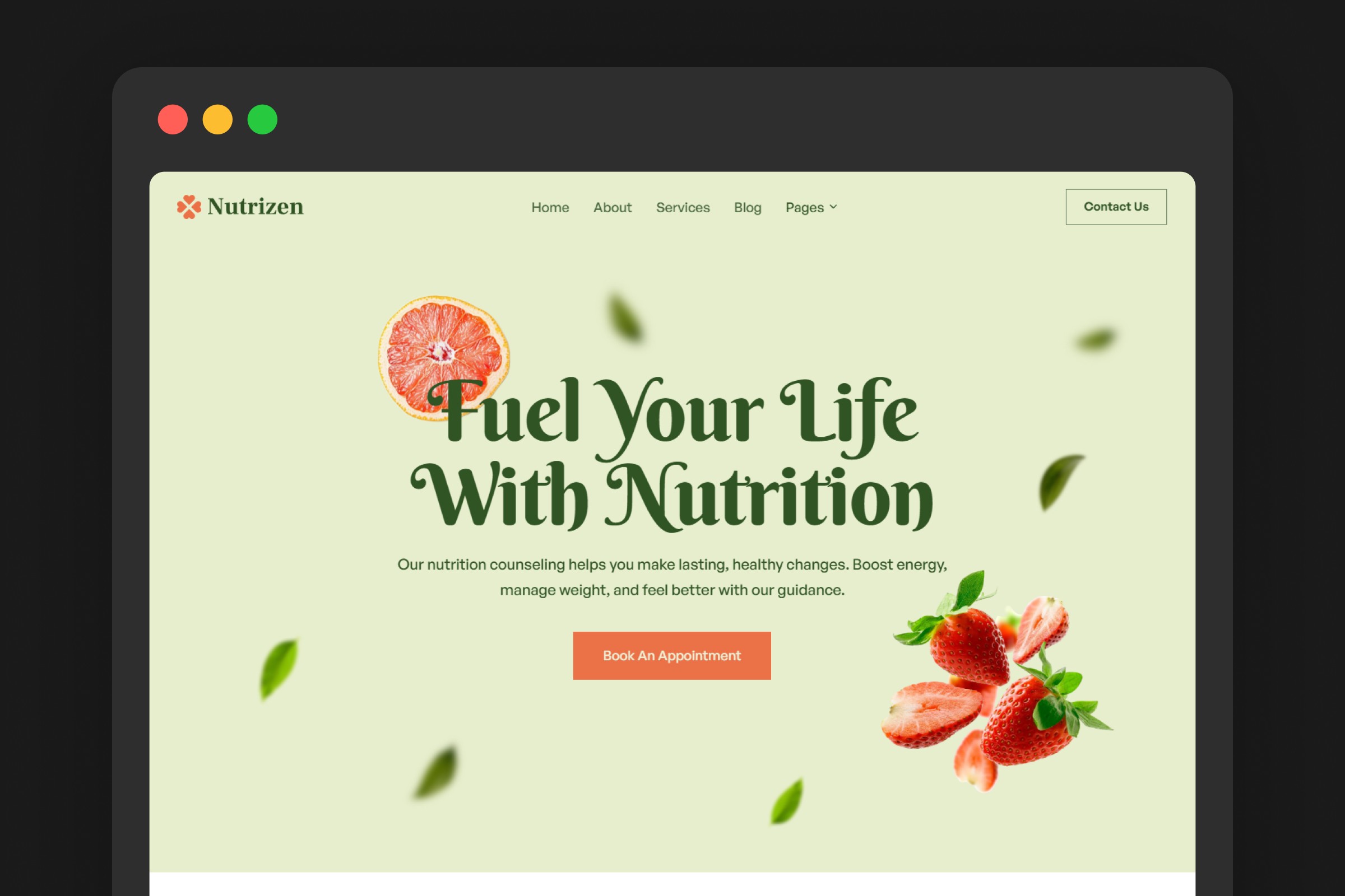 Nutrizen Framer template hero section — cream background, script headline "Fuel Your Life With Nutrition", strawberry and food imagery, light minimal design