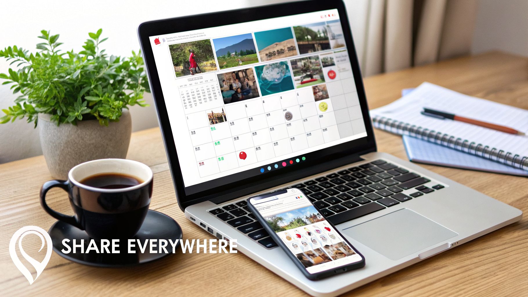 Laptop and smartphone displaying a visual content calendar on a wooden desk with coffee.