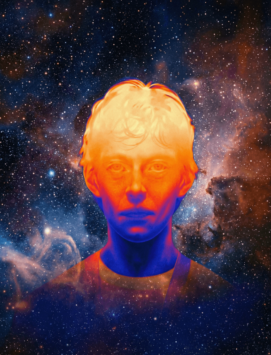 Surreal glowing human portrait set against a cosmic, star-filled background.