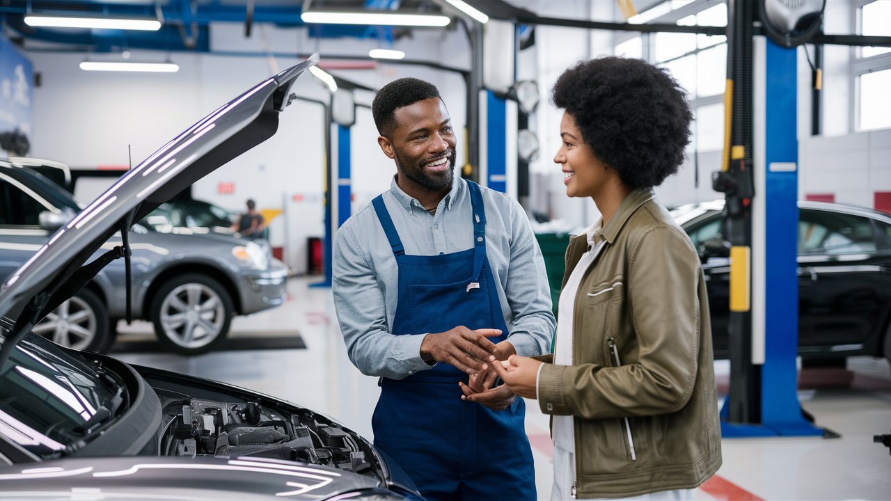 A high-quality image showing a modern auto repair shop with a friendly mechanic interacting with a customer. The shop should have a clean, professional look with visible branding, tools, and cars being serviced.