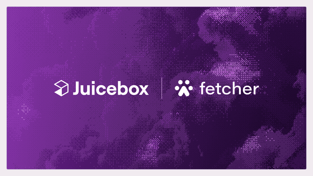 Juicebox and Fetcher logos side by side on a purple background, the official graphic for Juicebox's acquisition of Fetcher's assets