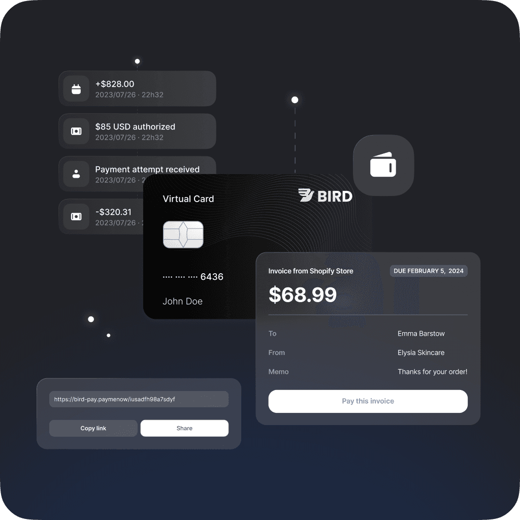 Bird virtual card interface displaying recent transactions and an option to pay an invoice of $68.99.