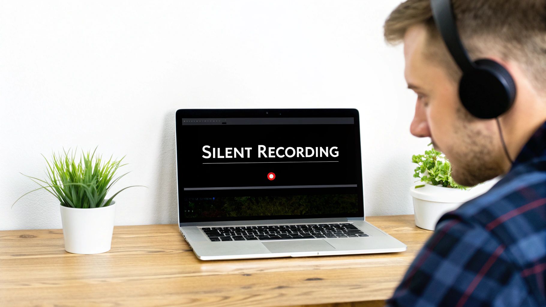 A person at a desk looking at a computer screen with sound waves, indicating an audio issue.