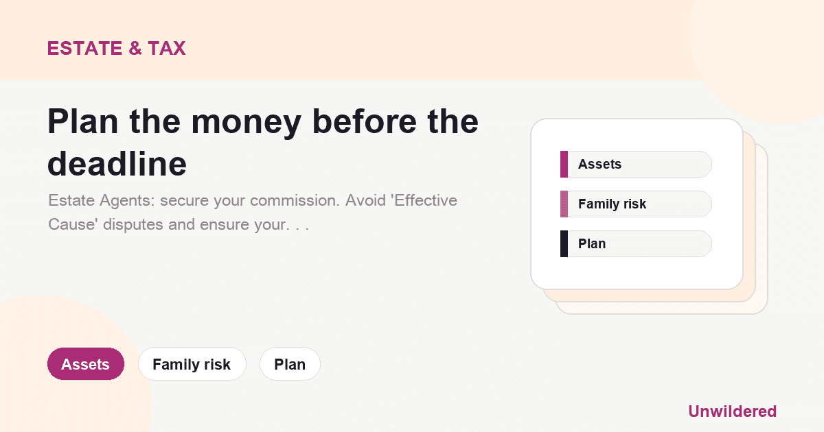 Explainer card for The Commission War: Legal Battles for Estate and Letting Agents: Assets, Family risk, Plan.