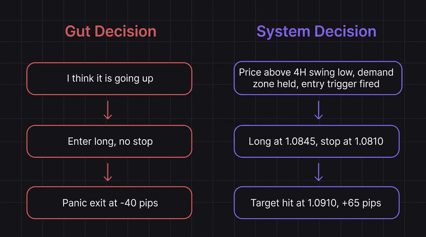 Flowchart comparing gut-based trading decisions versus system-based trading decisions
