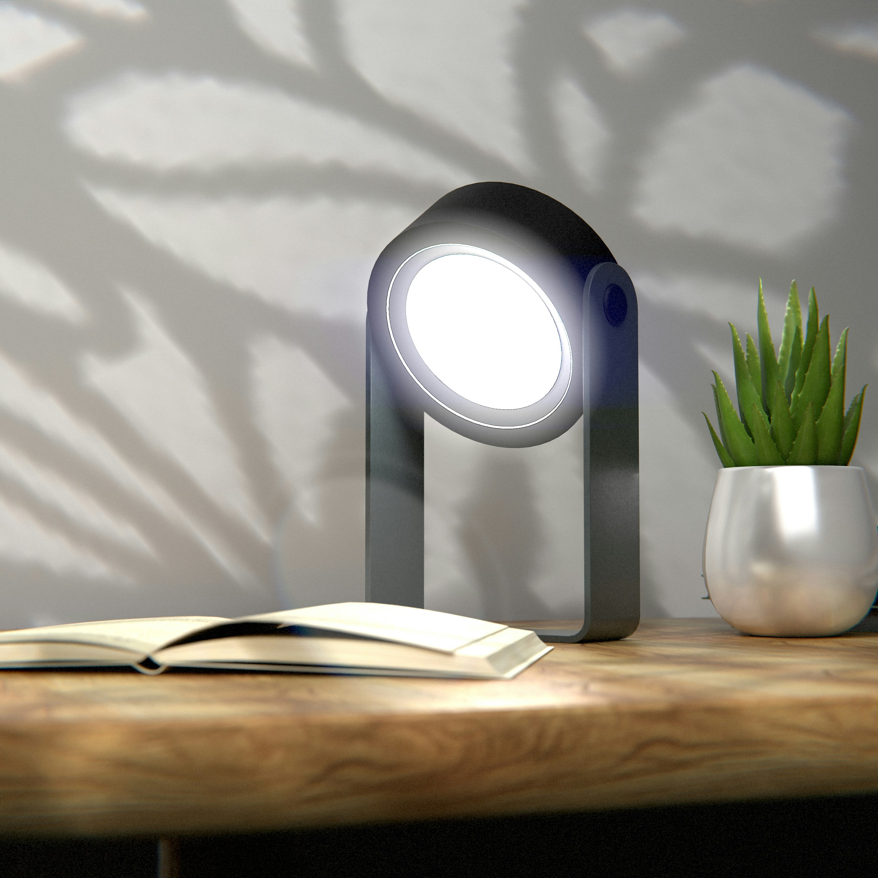 A modern lamp illuminates a book and plant.
