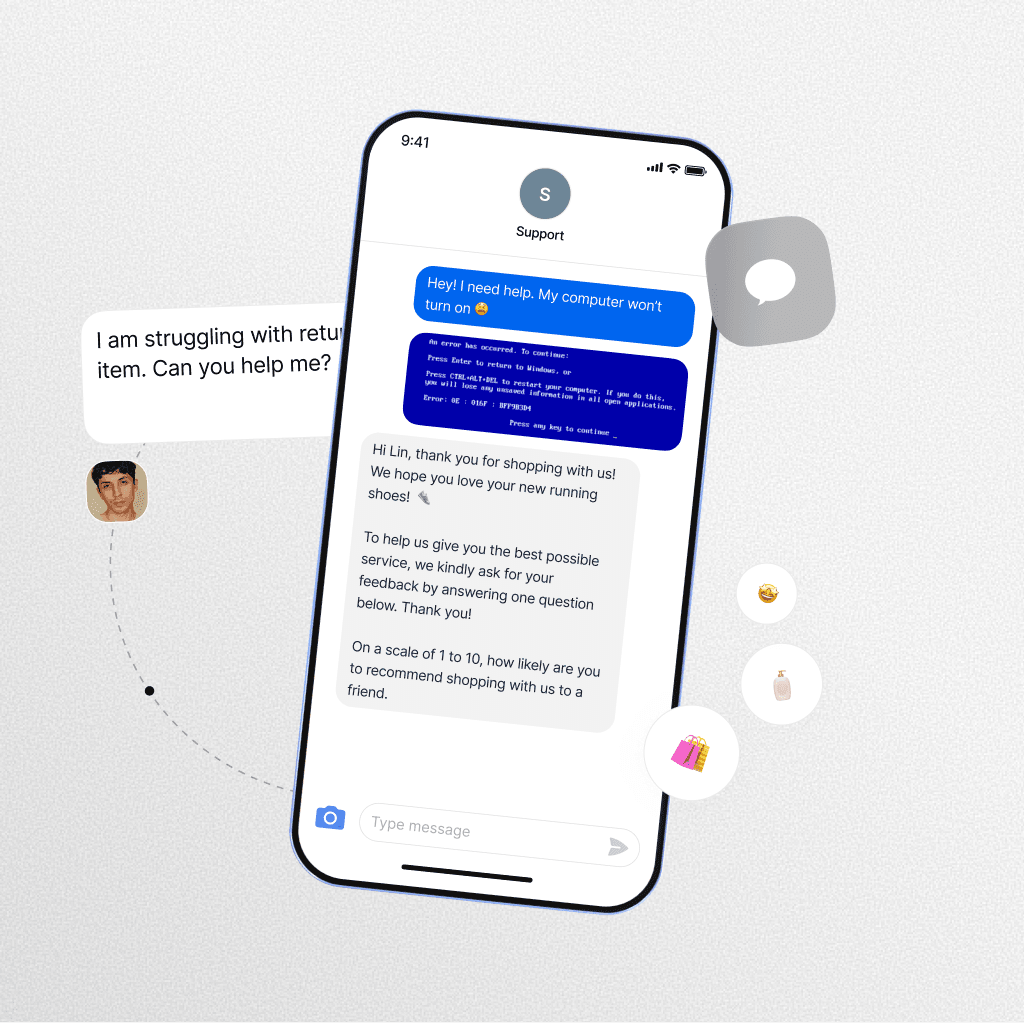 Conversation between customer and support agent about returning an item, with follow-up feedback request shown on mobile interface.