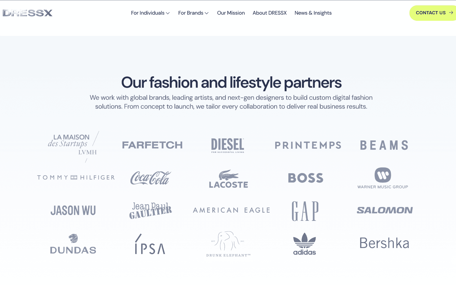 Screenshot of DRESSX website highlighting brand collaborations targeting Gen Z
