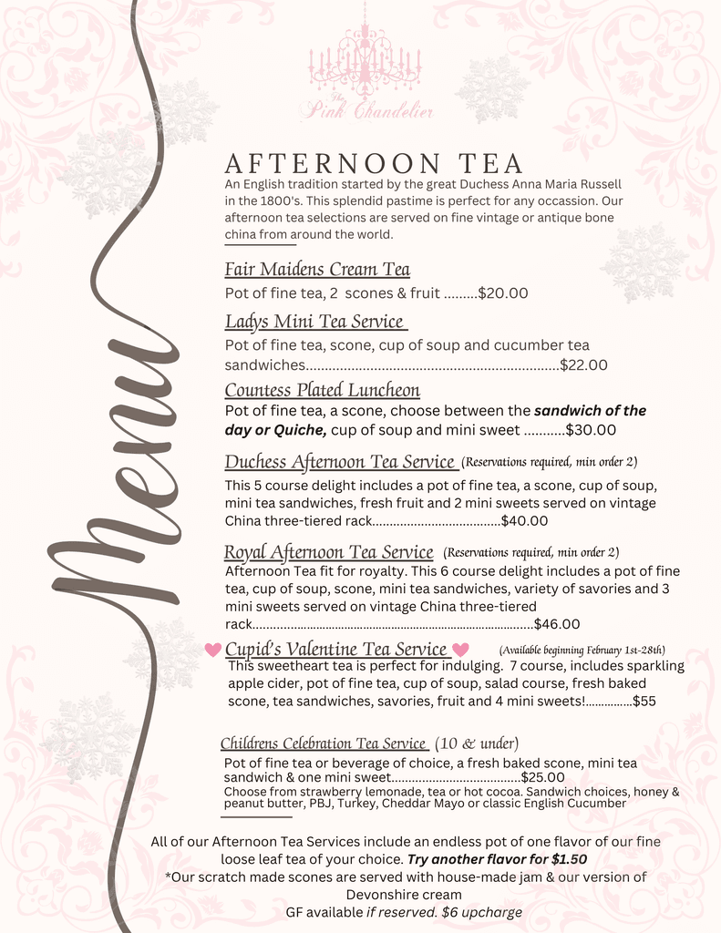 Afternoon Tea Menu at The Pink Chandelier