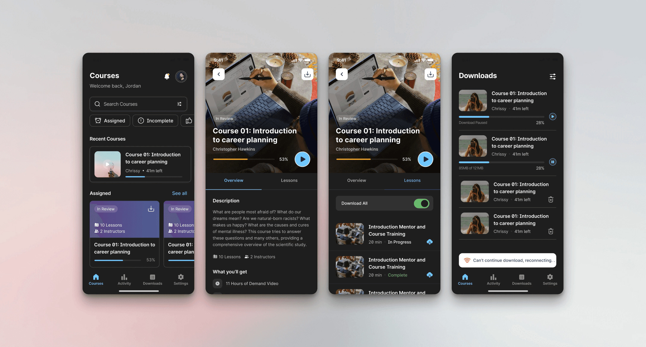 Four smartphone screens displaying an e-learning app interface, with options for course selection, lesson overview, and download status for career planning content.