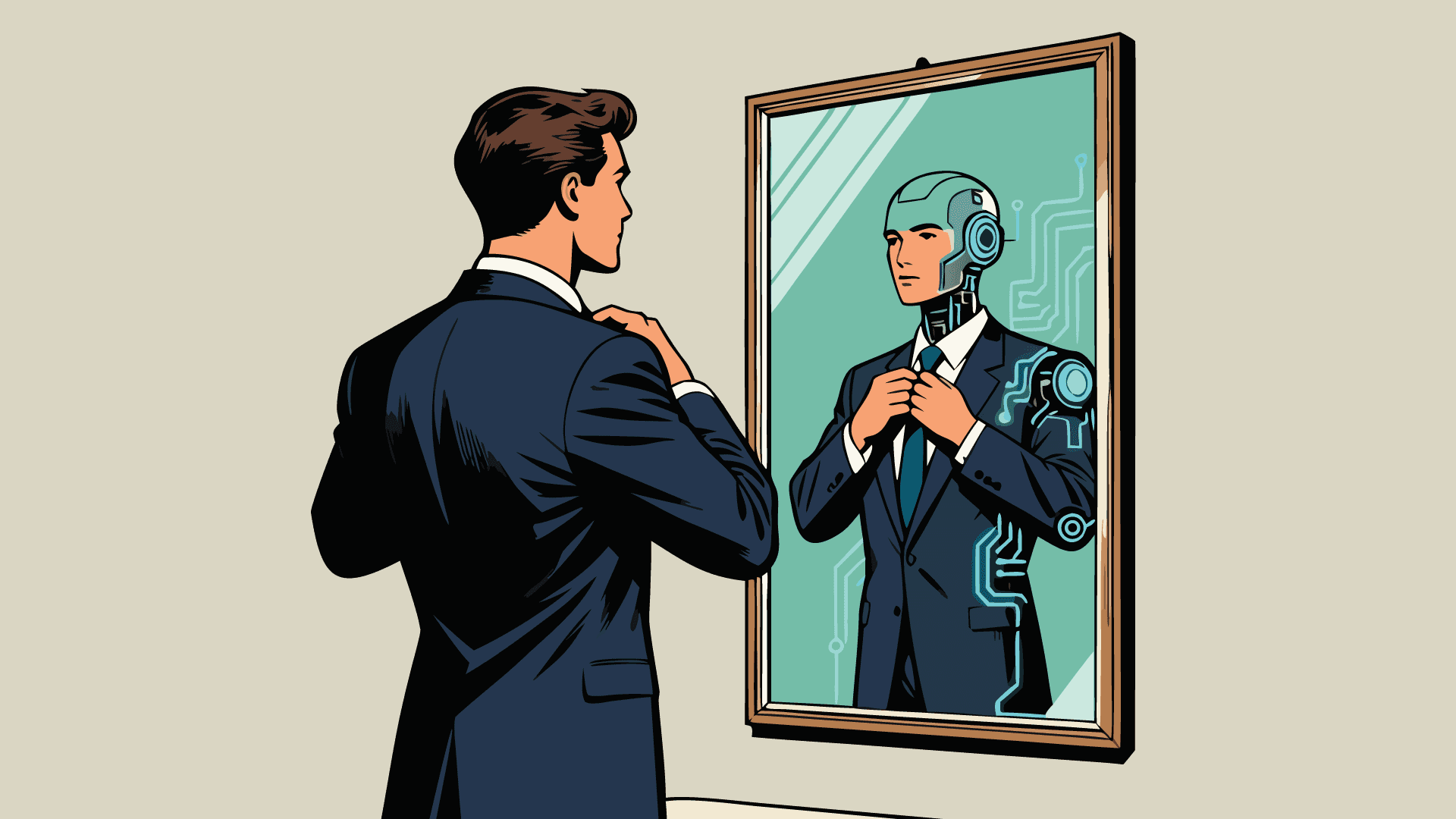 Businessman collaborating with AI robot