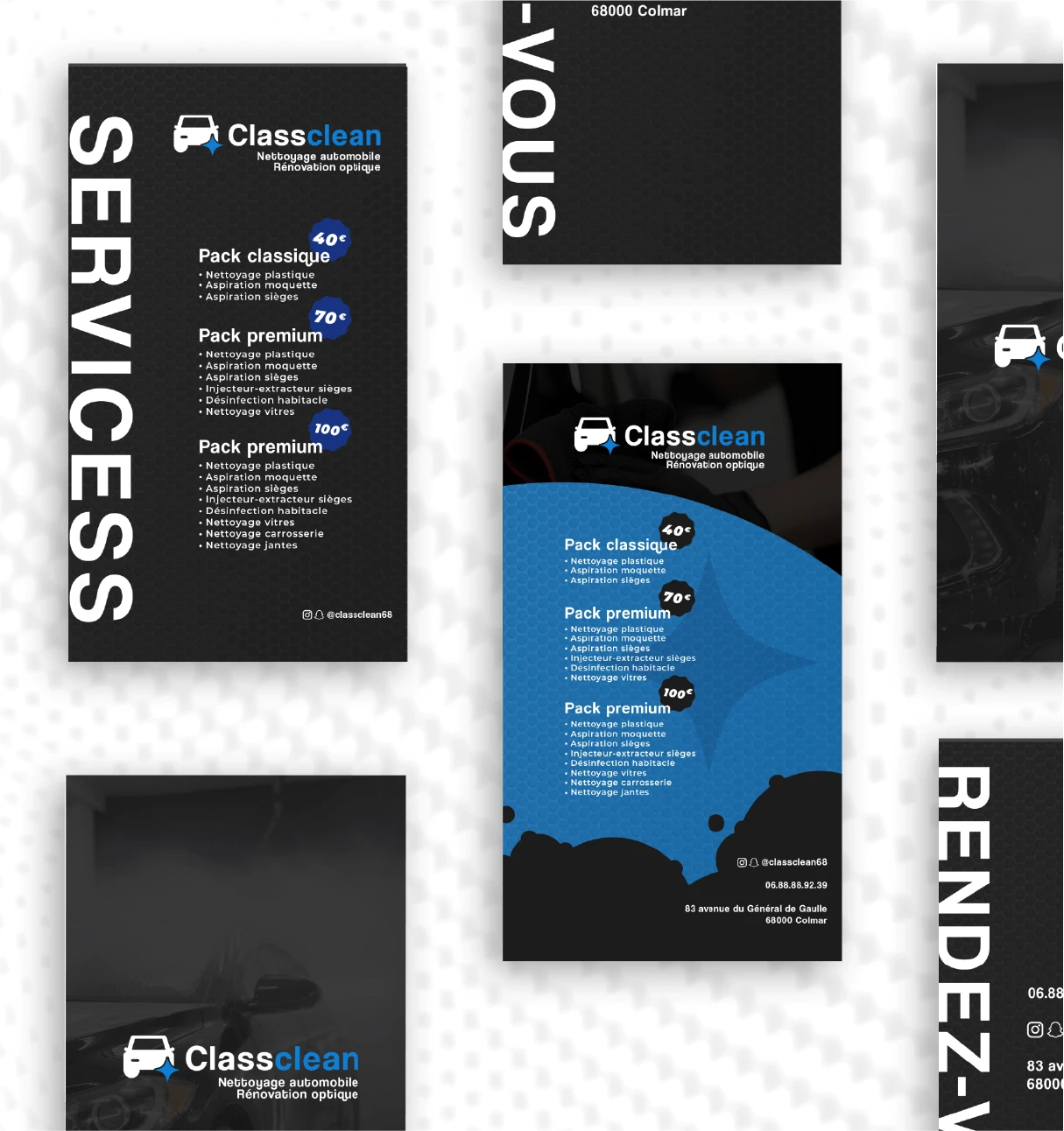 Série de flyers Classclean présentant les packs de nettoyage automobile et rénovation optique avec tarifs.