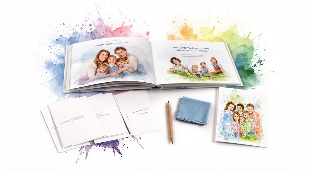 An open custom-illustrated family photo book with watercolor splashes, accompanied by small cards, a pencil, and a matching family print.