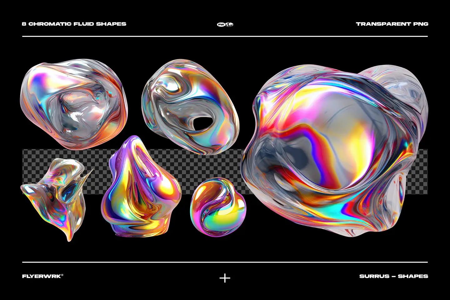 Surrus chromatic fluid shapes with iridescent gradient reflections on transparent background