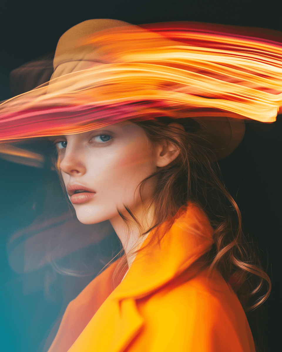 Artistic portrait of a woman in an orange coat with heavy motion blur and light effects.