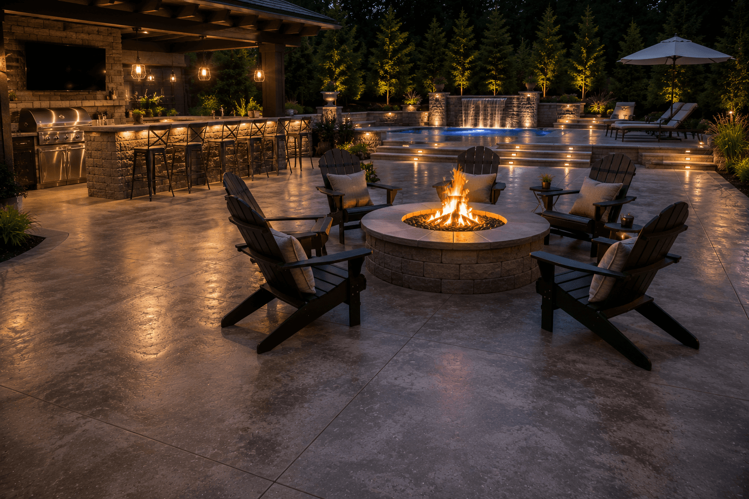 Stamped concrete patio in a Durham, NC backyard, installed by Concrete Hippo.