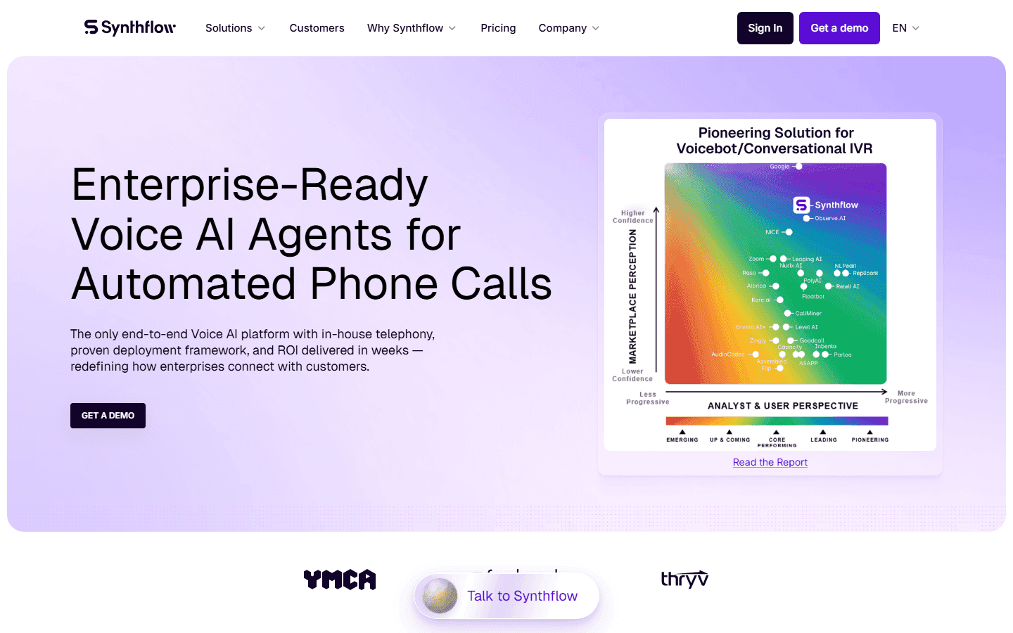 The Synthflow homepage, headlined "Enterprise-Ready Voice AI Agents for Automated Phone Calls," beside an analyst chart of conversational IVR vendors.