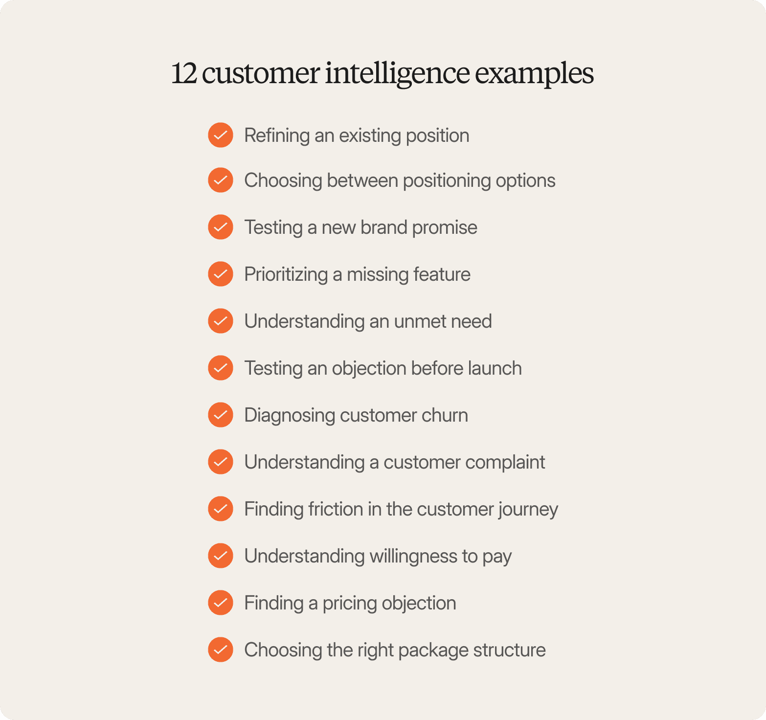 Checklist titled "12 customer intelligence examples," listing use cases such as refining an existing position, choosing between positioning options, testing a new brand promise, prioritizing a missing feature, understanding an unmet need, testing an objection before launch, diagnosing customer churn, understanding a customer complaint, finding friction in the customer journey, understanding willingness to pay, finding a pricing objection, and choosing the right package structure