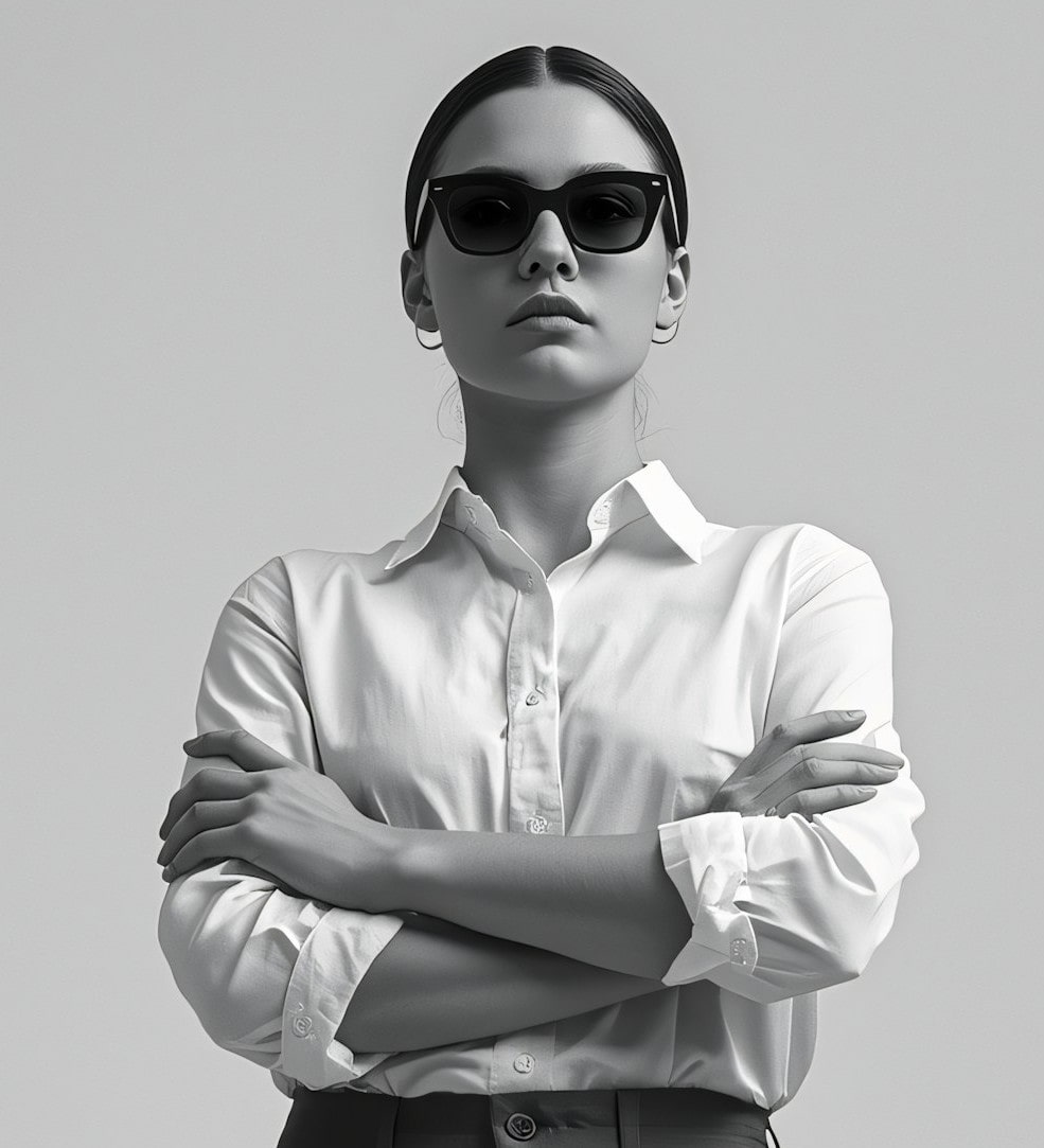 A woman dressed in a white shirt and sunglasses, posing in a sunny environment.