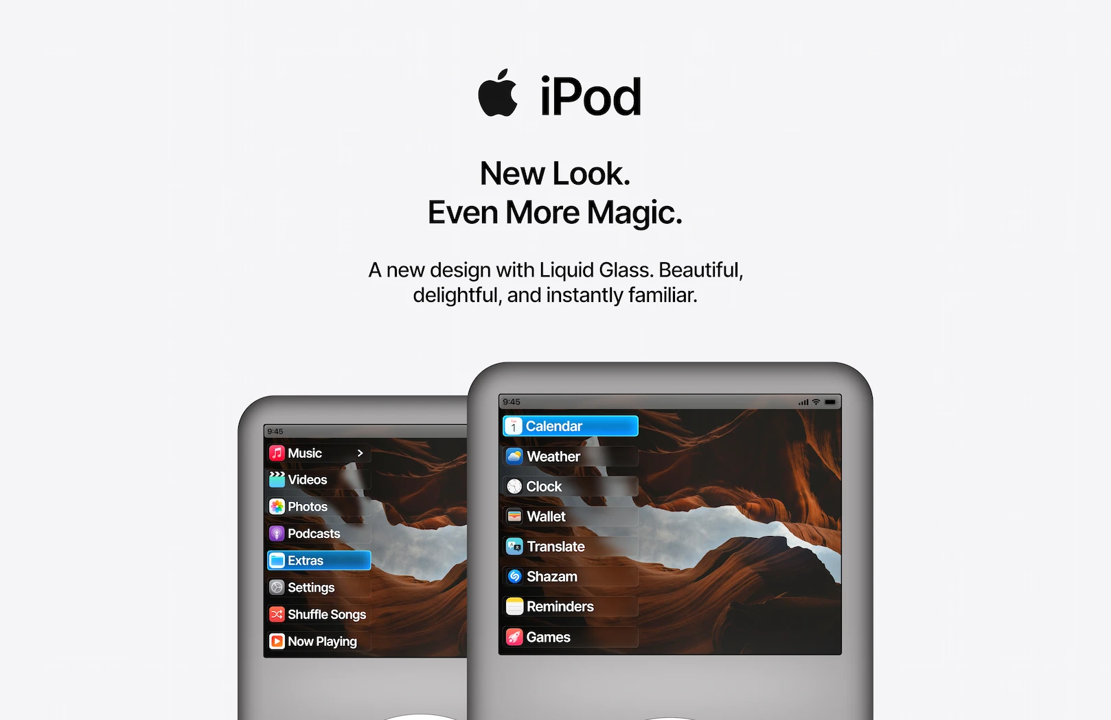 iPod Revive concept device rendered with iOS Liquid Glass aesthetic, showing the reimagined form factor with classic click wheel and modern Retina display