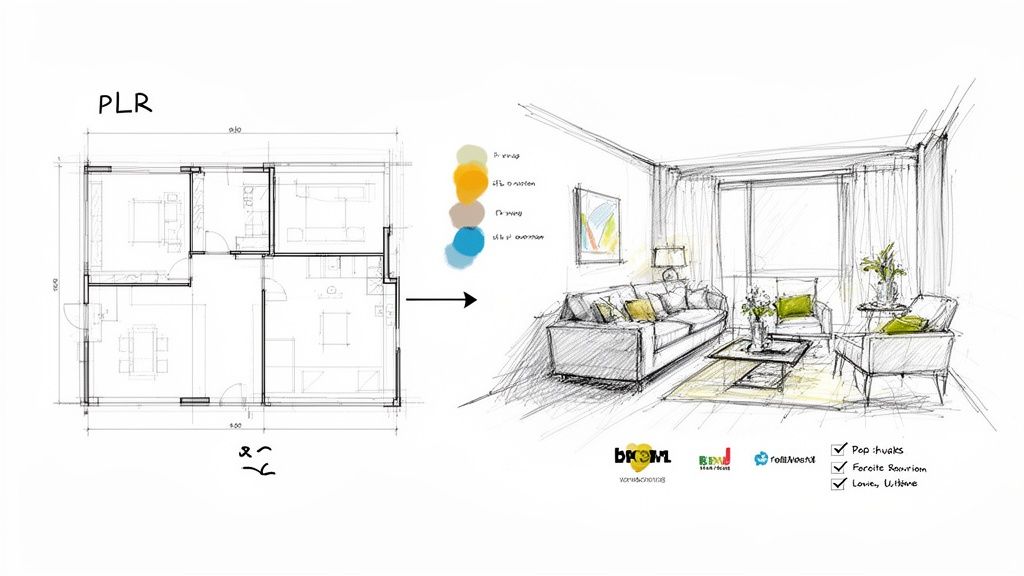 A floor plan transforming into a detailed interior design sketch with a color palette and brand logos.
