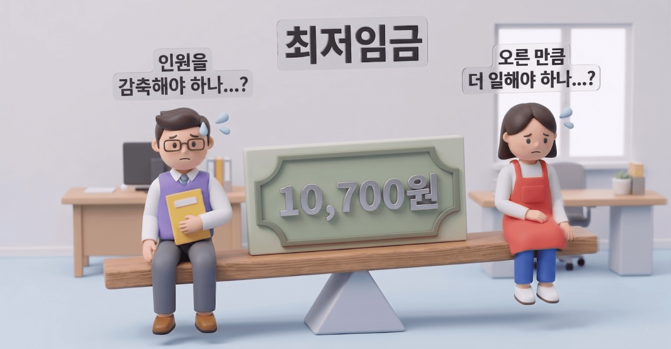 최저임금 10,700원 인상으로 고민하는 프랜차이즈 본사 관리자와 가맹점 직원을 표현한 일러스트. 저울 양쪽에 앉아 인원 감축과 추가 근무를 걱정하는 모습