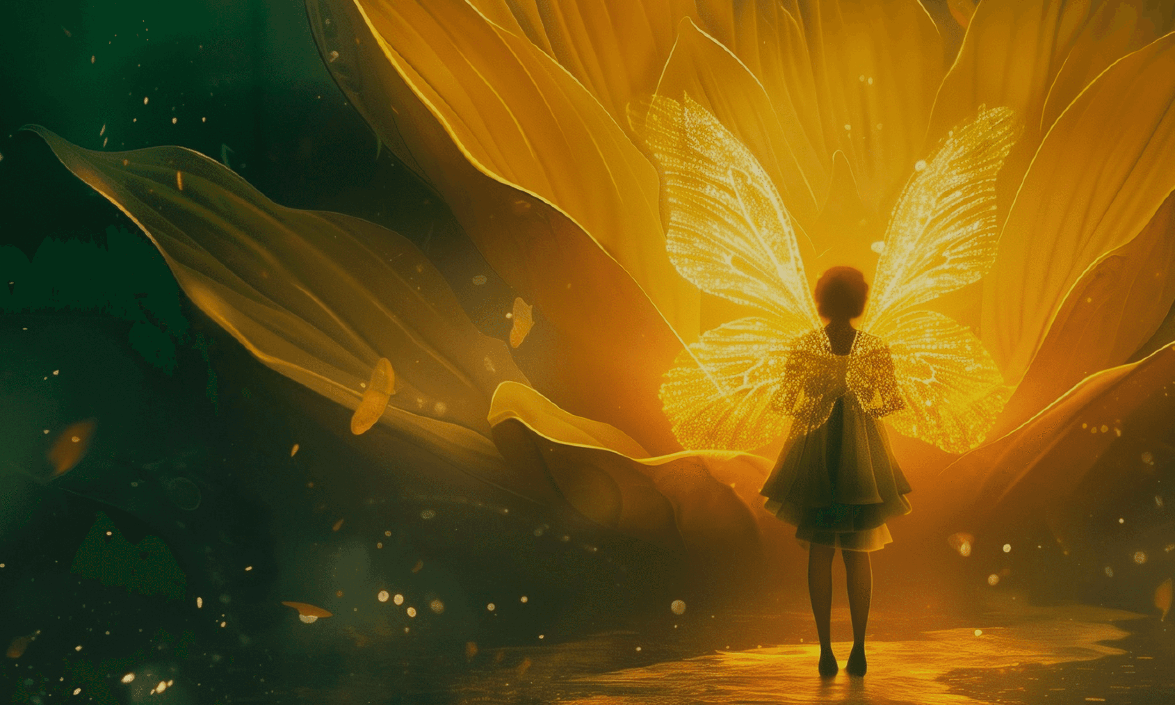 A child stands in front of a giant glowing flower with golden butterfly wings illuminated by warm light in a magical, dark forest. The butterfly represents transformation
