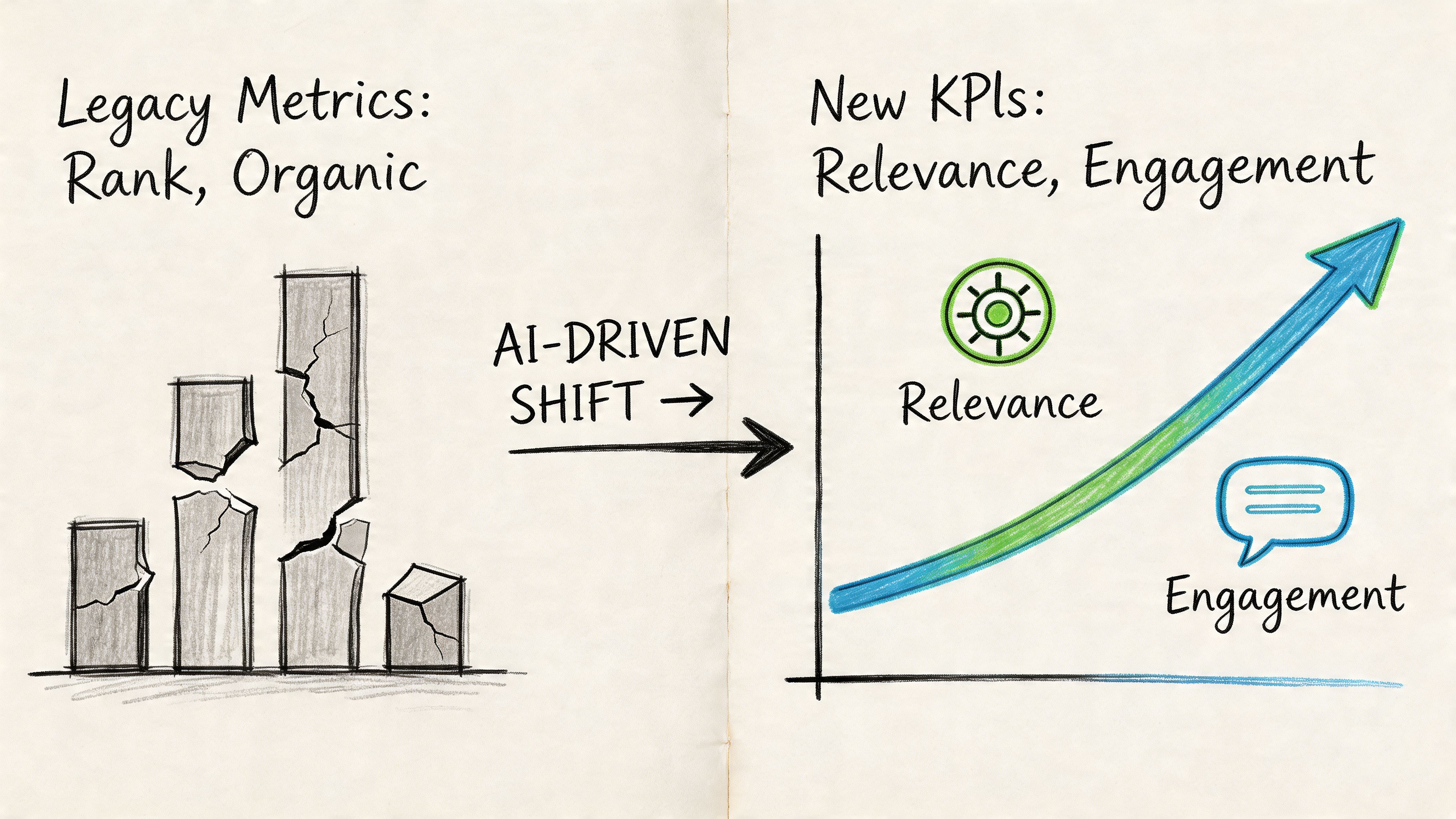A hand-drawn illustration showing the shift from broken legacy rank metrics to AI-driven relevance and engagement KPIs.