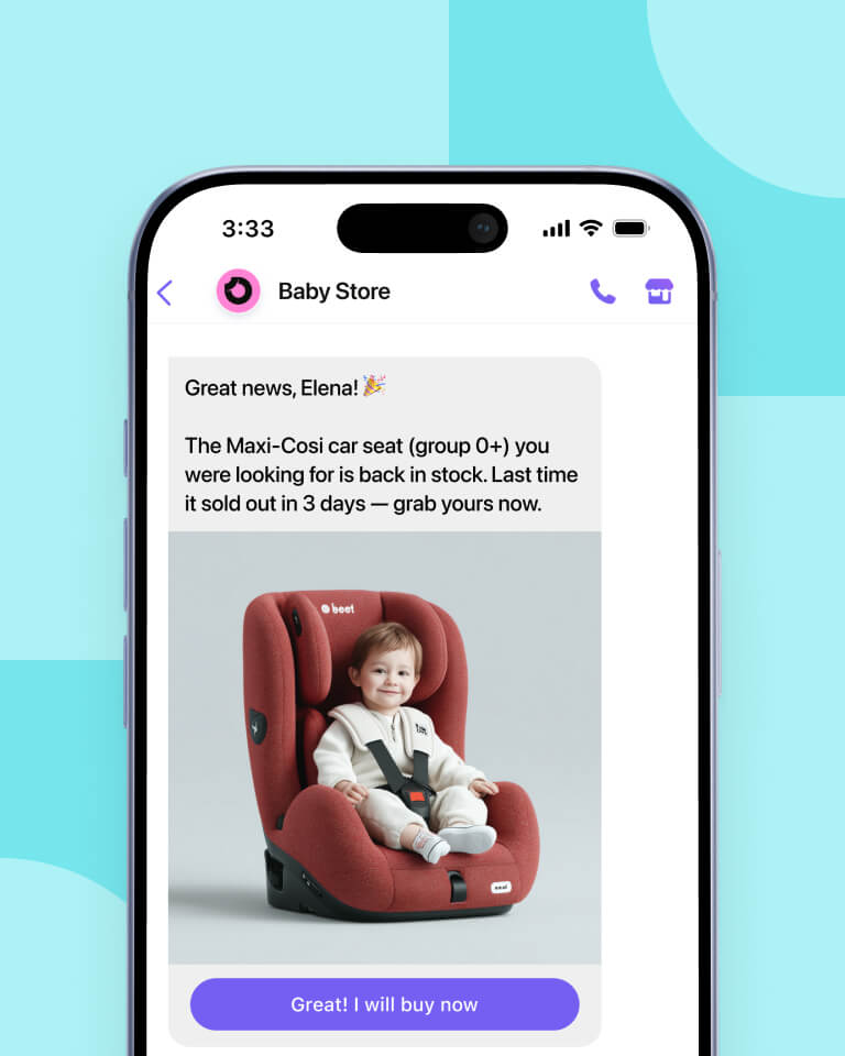 Viber messaging campaign showcasing a personalized message that aims to help a kids e-commerce store notify when products are back in stock.