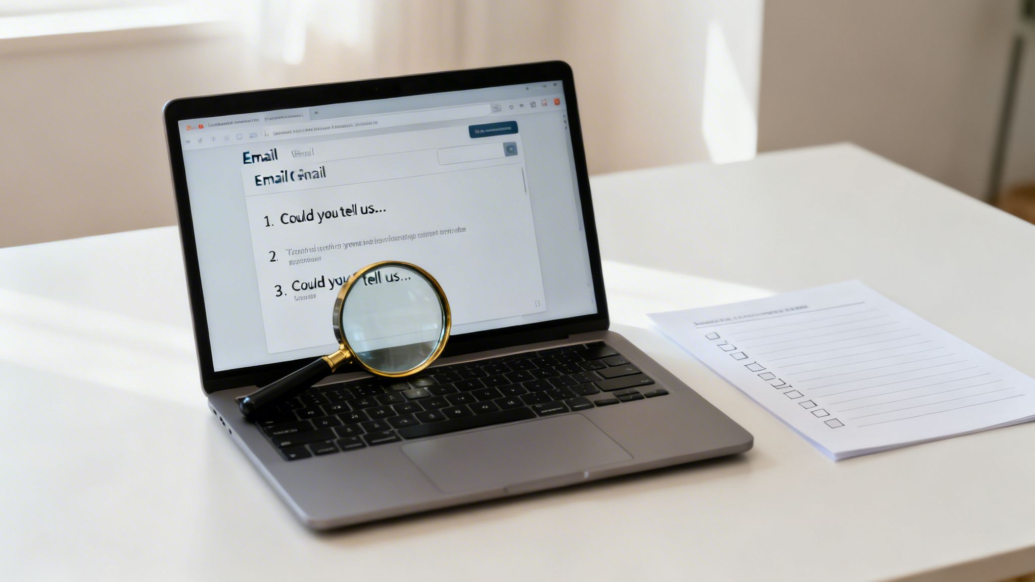 A workspace with a laptop showing an email, a magnifying glass for details, and a checklist.