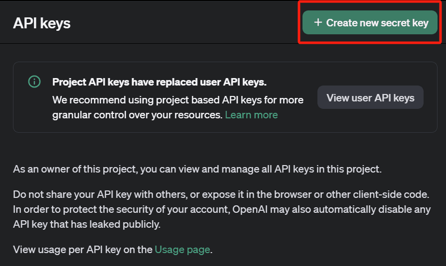 Create new OpenAI secret key