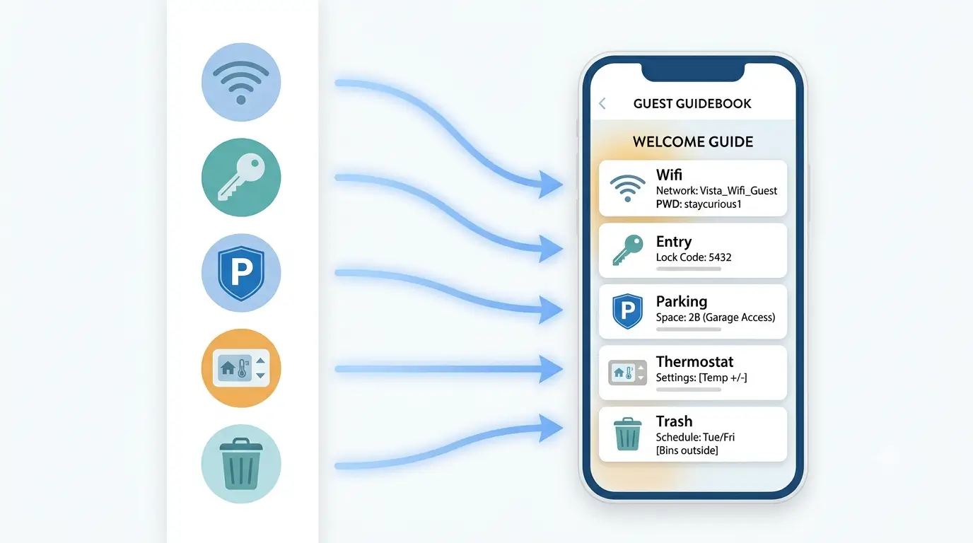 Icons for common guest questions (wifi, keys, parking, thermostat, trash) each pointing to a digital guidebook on a phone.