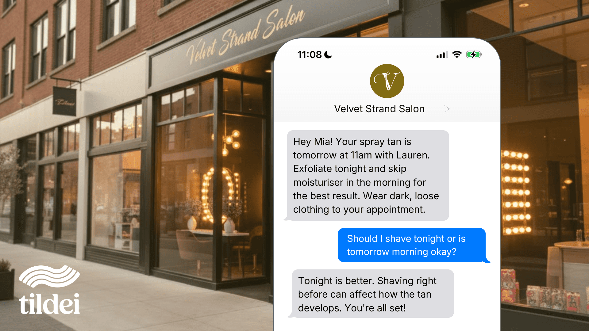 An agent texts a customer letting them know how to prep for their spray tan and reminding them that it is tomorrow. The customer asks a question, and the agent replies.