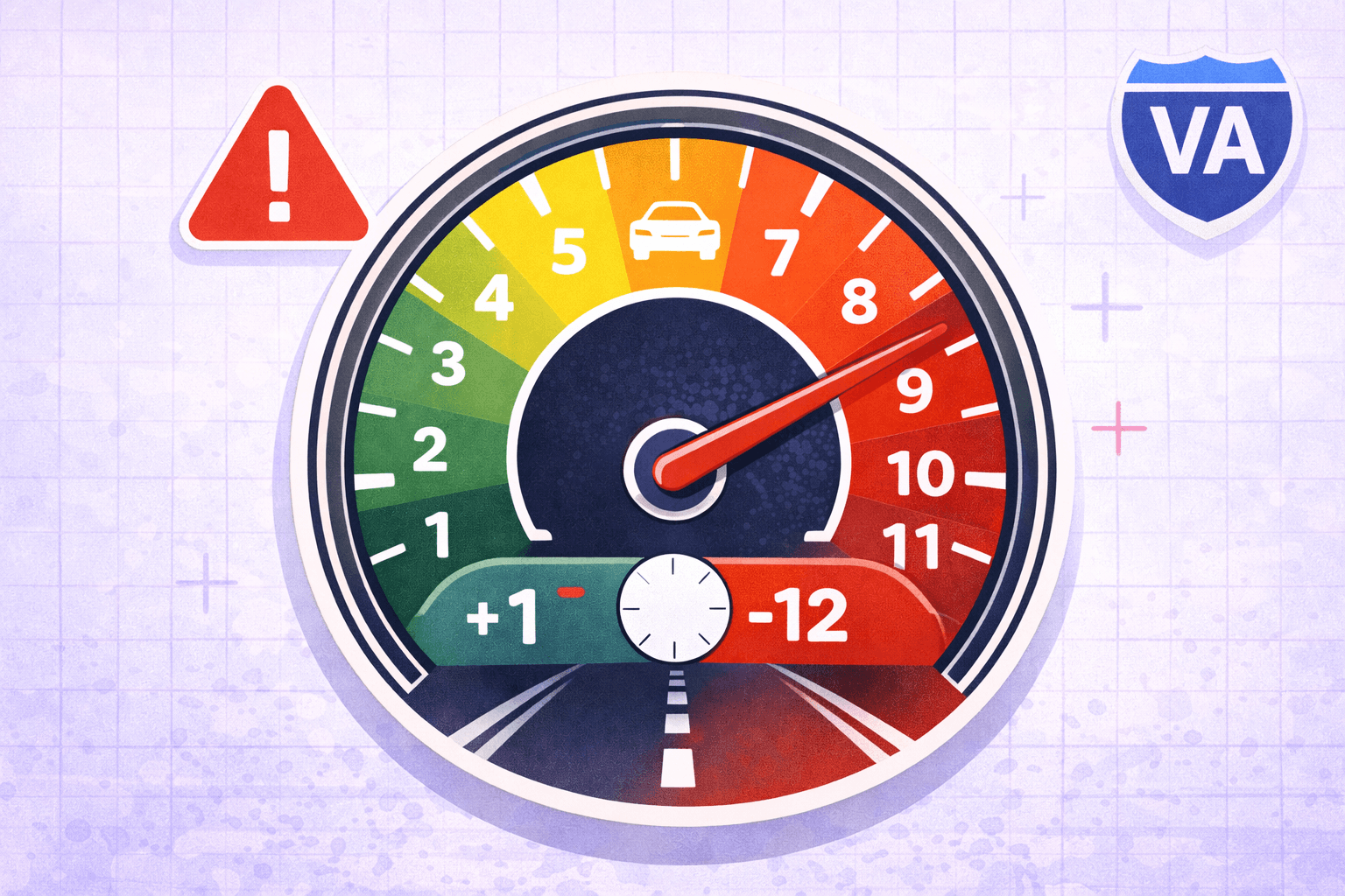 Virginia demerit points system visual with speedometer and numbered warning points