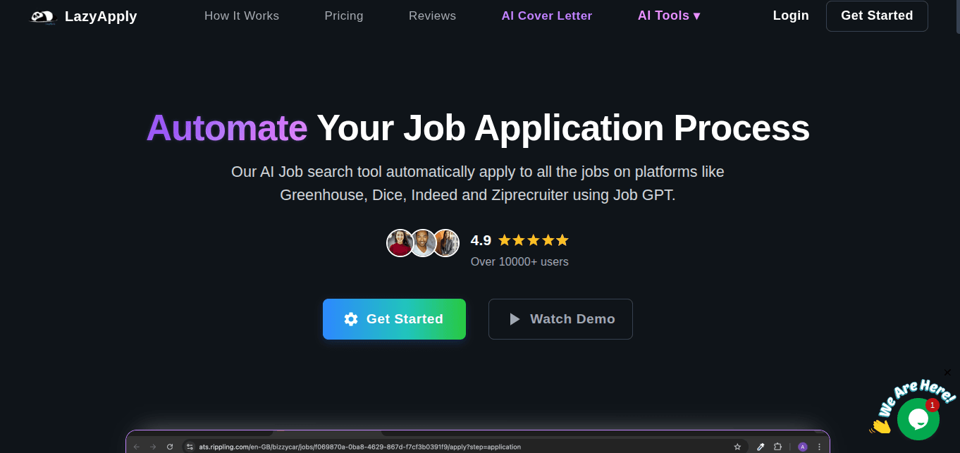 LazyApply homepage showing its auto-apply extension for LinkedIn, Indeed, ZipRecruiter, and Greenhouse