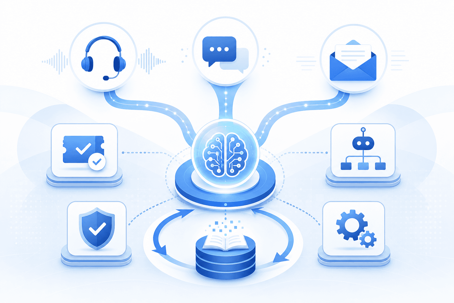 A flat illustration showing a unified enterprise AI support system with three interconnected channels (voice, chat, and email) flowing into a single central hub with a self-updating knowledge loop. Abstract icons represent ticket resolution, compliance shields, and automated workflows. Clean enterprise aesthetic with cool blues and whites, subtle gradients, no text or labels anywhere in the image.