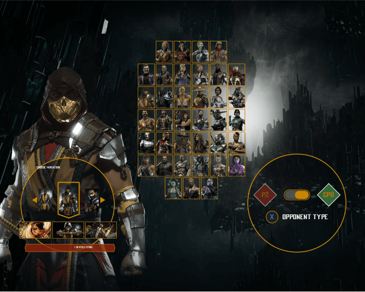 A video game character stands beside a character select interface in a dark setting.