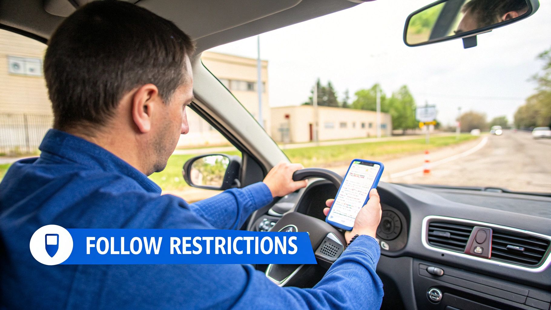 A man is driving a car while looking at his smartphone, with a banner stating 'FOLLOW RESTRICTIONS'.