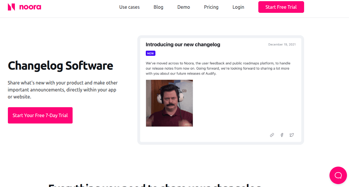 Noora homepage screenshot showing changelog software landing page