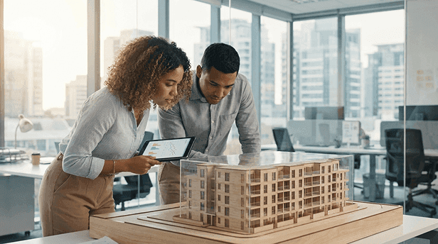 Jovem casal da Geração Z analisando projeto imobiliário e gráficos financeiros em um ambiente moderno e iluminado.