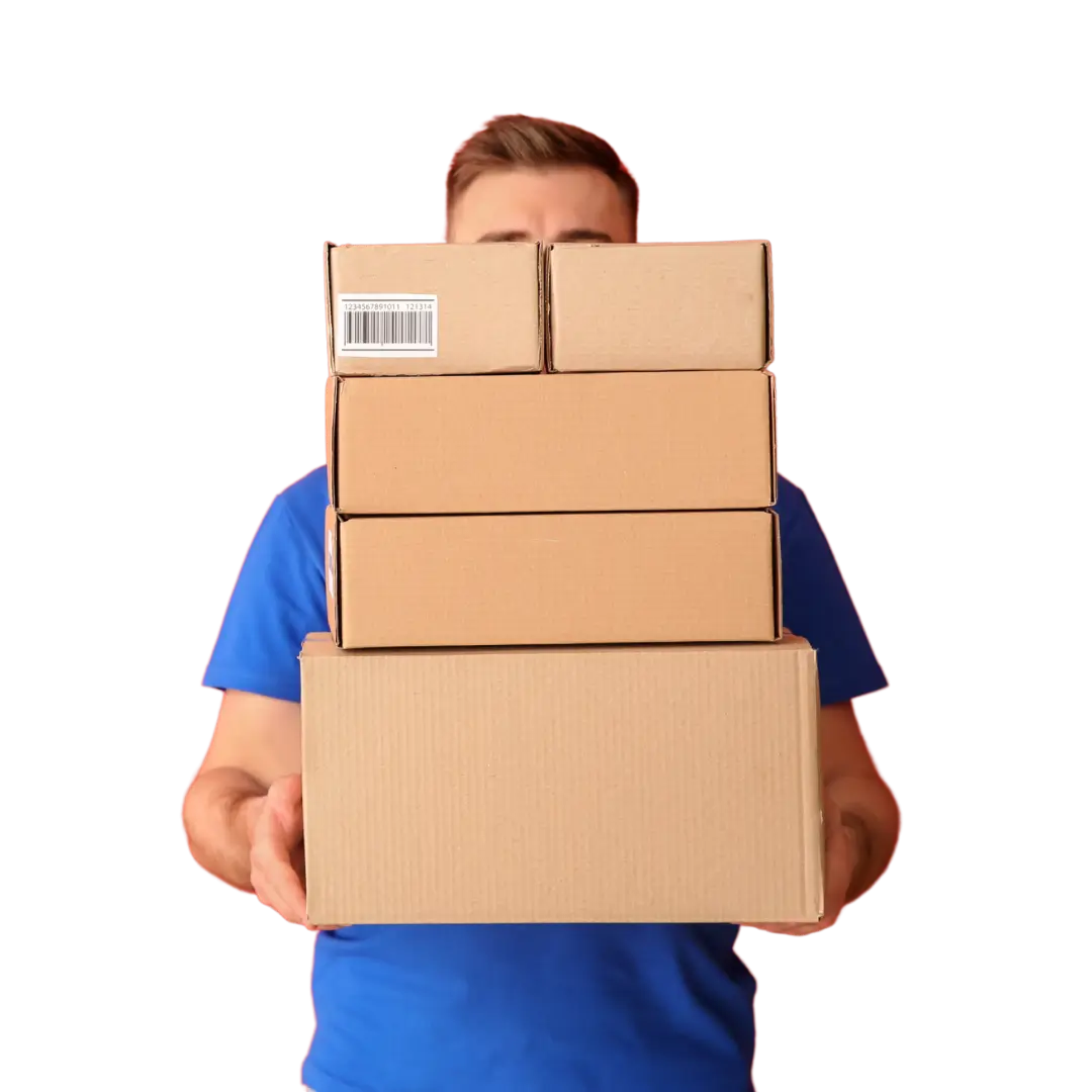 A man in a blue t-shirt balances a large stack of brown cardboard shipping boxes against a lavender background. This hero image for Whisprice promotes their Amazon AU price tracker, featuring a notification overlay showing a price drop for an EchoStar Aura Smart Display.